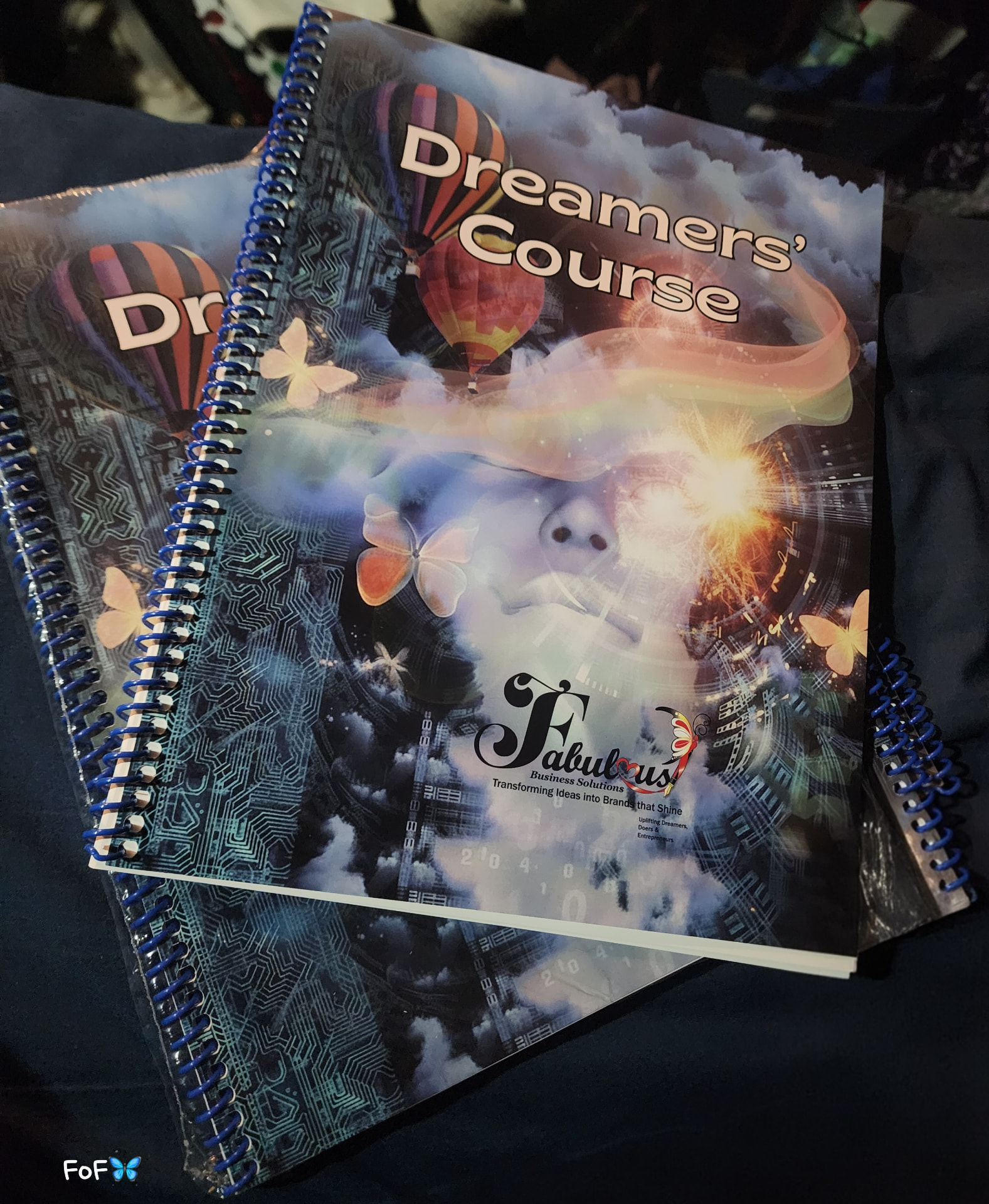 Two spiral-bound Dreamers' Course workbooks stacked on a dark surface, covers showing hot air balloons, glowing circuitry, butterflies and the Fabulous Business Solutions logo
